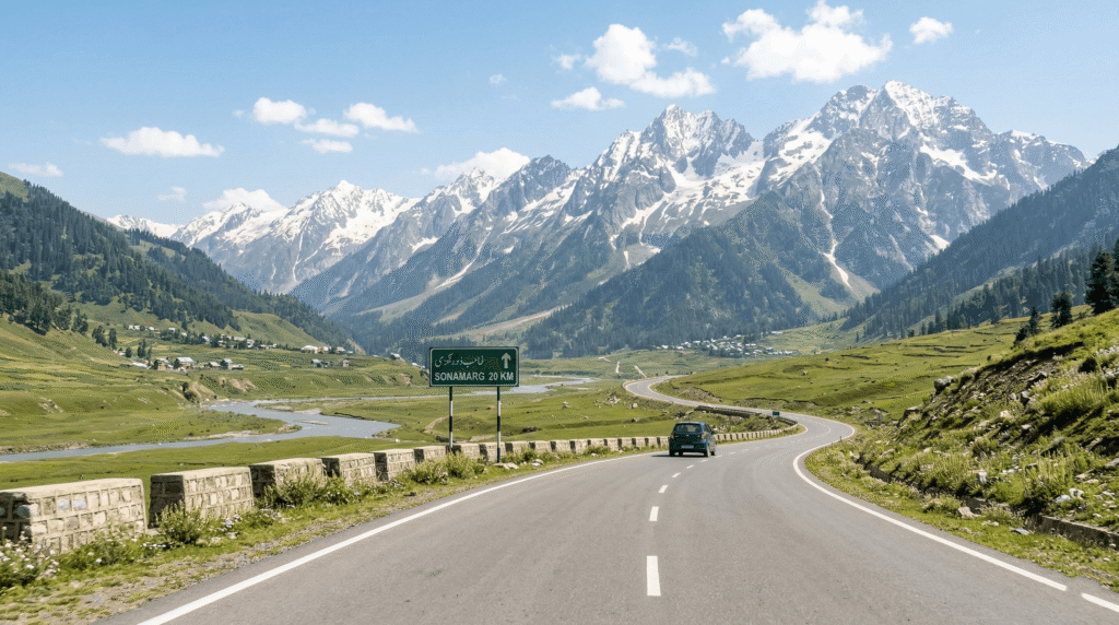 Scenic highway leading to Sonamarg with road sign, river valley, and snow-capped Himalayan mountains in Kashmir.