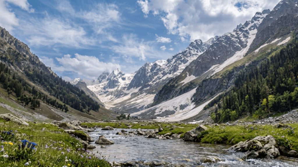 Mountain stream flowing through Thajiwas Glacier valley near Sonamarg, with snow-covered peaks, green meadows, and alpine flowers.