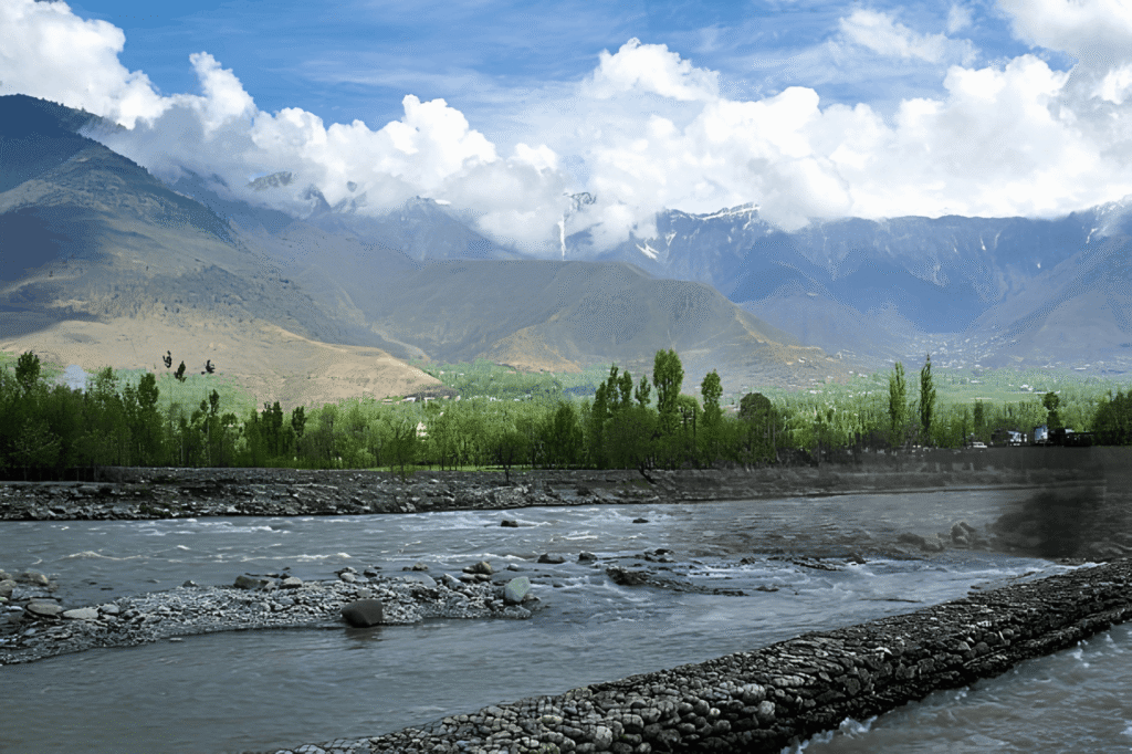 River flowing through a Kashmir valley with green trees and rugged mountains under cloudy skies along the Srinagar to Sonamarg route.