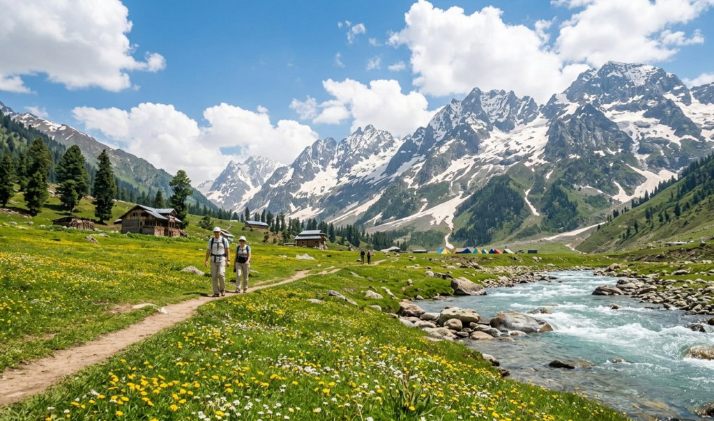 Scenic trekking trail with river and snow-capped mountains in Sonamarg, Kashmir