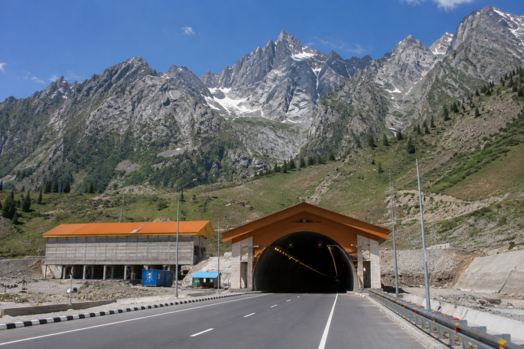 Sonamarg Tunnel entrance surrounded by Himalayan mountains and scenic valley landscape in Kashmir