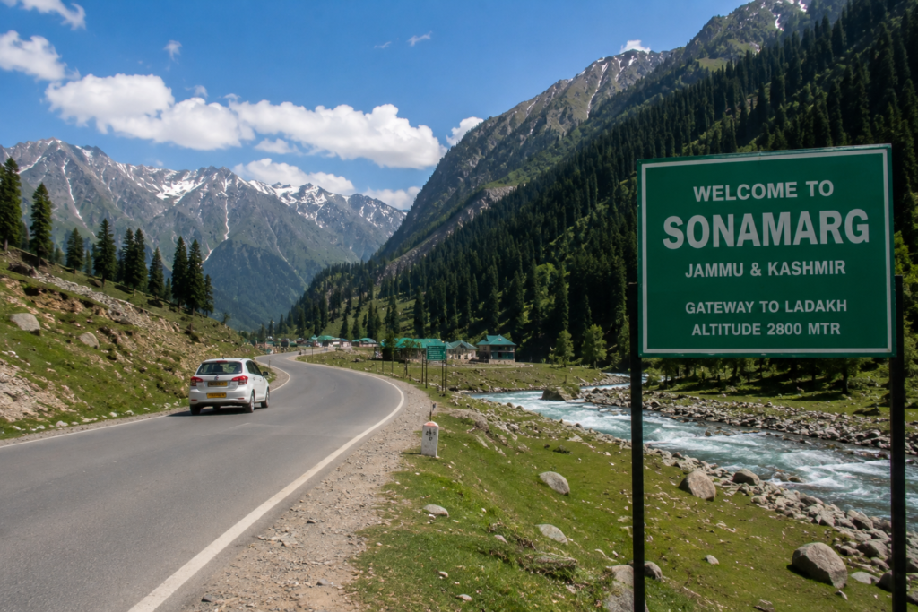 Welcome signboard at Sonamarg valley in Jammu & Kashmir