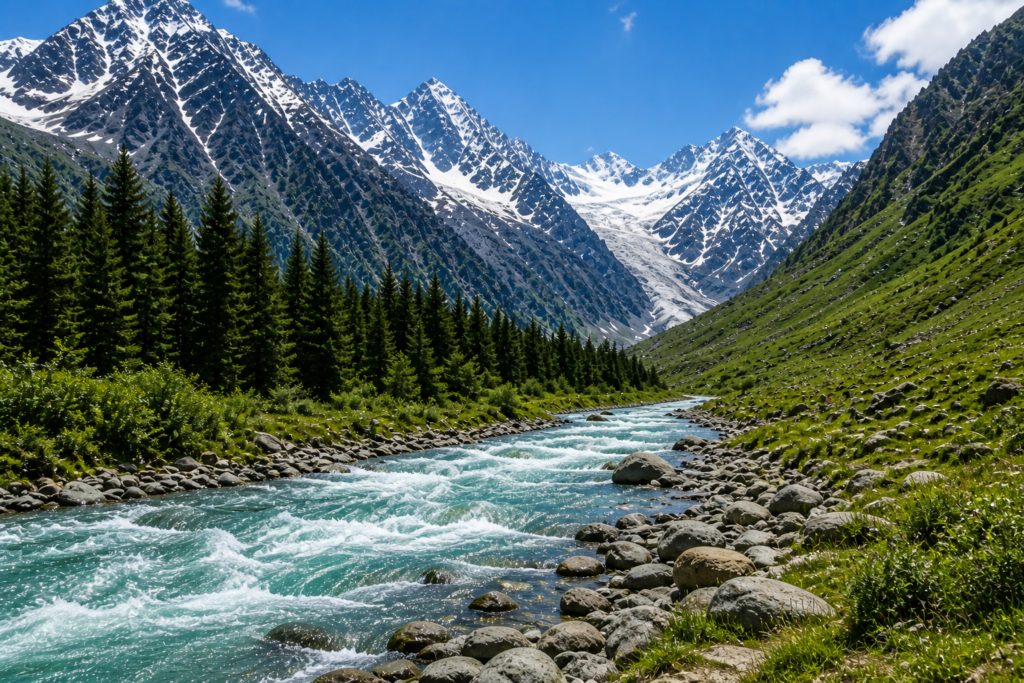 River flowing through pine valley with snow-capped mountains near Sindh Resorts & Spa, Sonamarg
