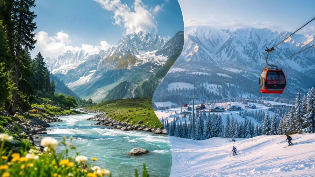 Sonamarg vs Gulmarg comparison showcasing Kashmir’s lush river valley landscapes and snow-covered mountain ski slopes.