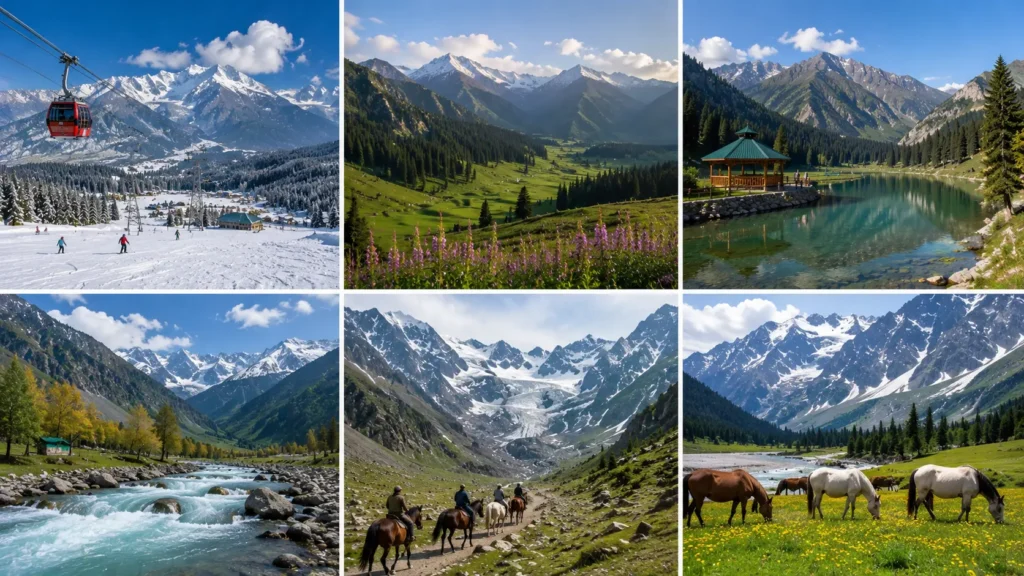 Sonamarg and Gulmarg landscapes showcasing snow-capped peaks, alpine meadows, rivers, lakes, and adventure activities in Kashmir.